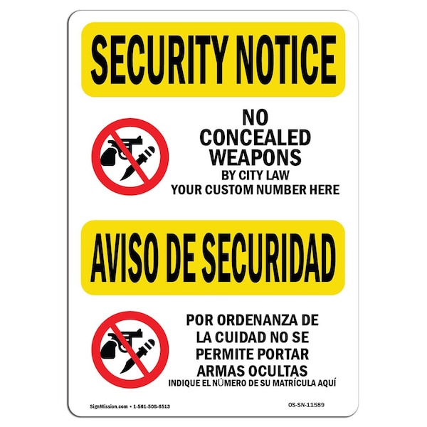 Sign, 7" H, 10" W, Aluminum, No Concealed Weapons Bilingual, Landscape, SN-L-11589